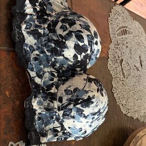 Adore Me Blue and Black Floral Lace-Trim Bra